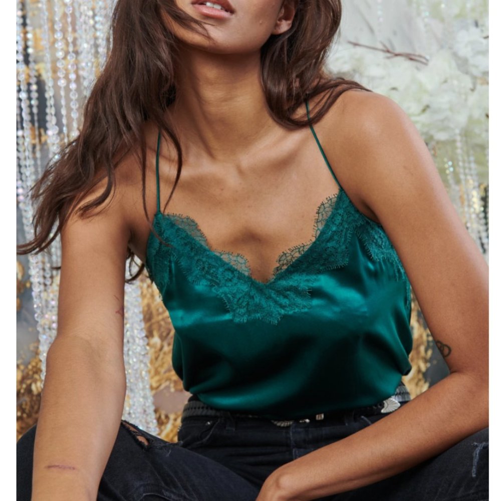 CAMI NYC NWT EMERALD Green RACER CHARMEUSE CAMI Silk Lace Tank S